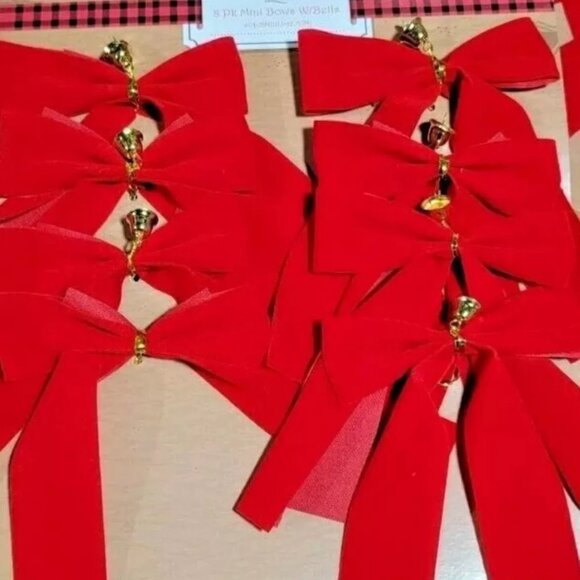 24 Mini Christmas Tree Bows w/Bells Decoration Bows Ornament Red 3 packs of 8 - Picture 2 of 4